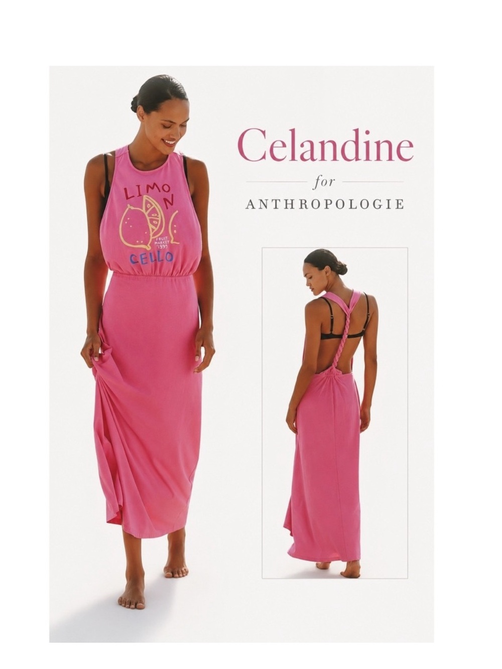 Celandine Anthropologie Pink Limon Cello Graphic Twisted Open Back Maxi Dress